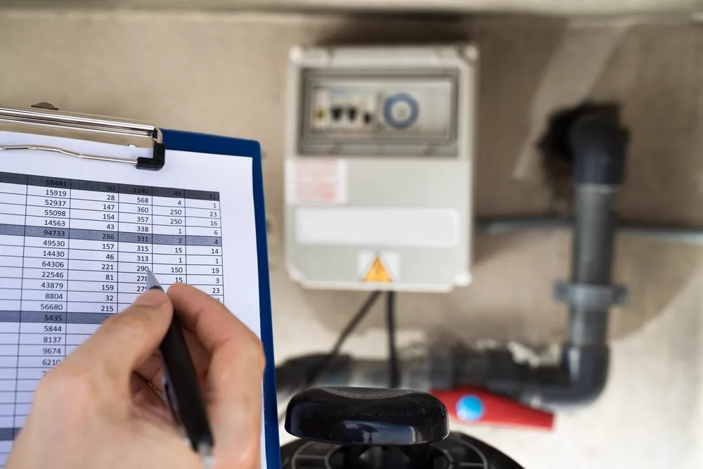 Plumber recording drainage line details on site while mapping a drainage system